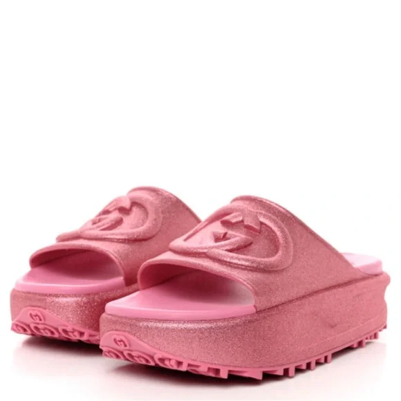 💰$795 Gucci Wmns Slide Sandal 'Interlocking G - Metallic Rose Pink' size 9